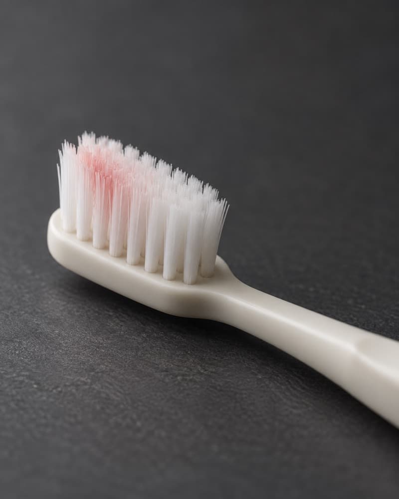 Un cepillo de dientes suave con manchas rosadas en las cerdas