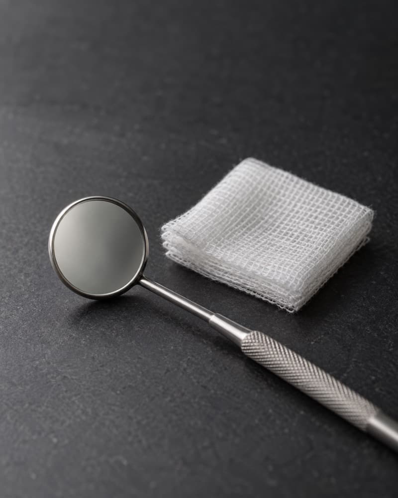 Un espejo dental junto a un cuadro de gasa doblado