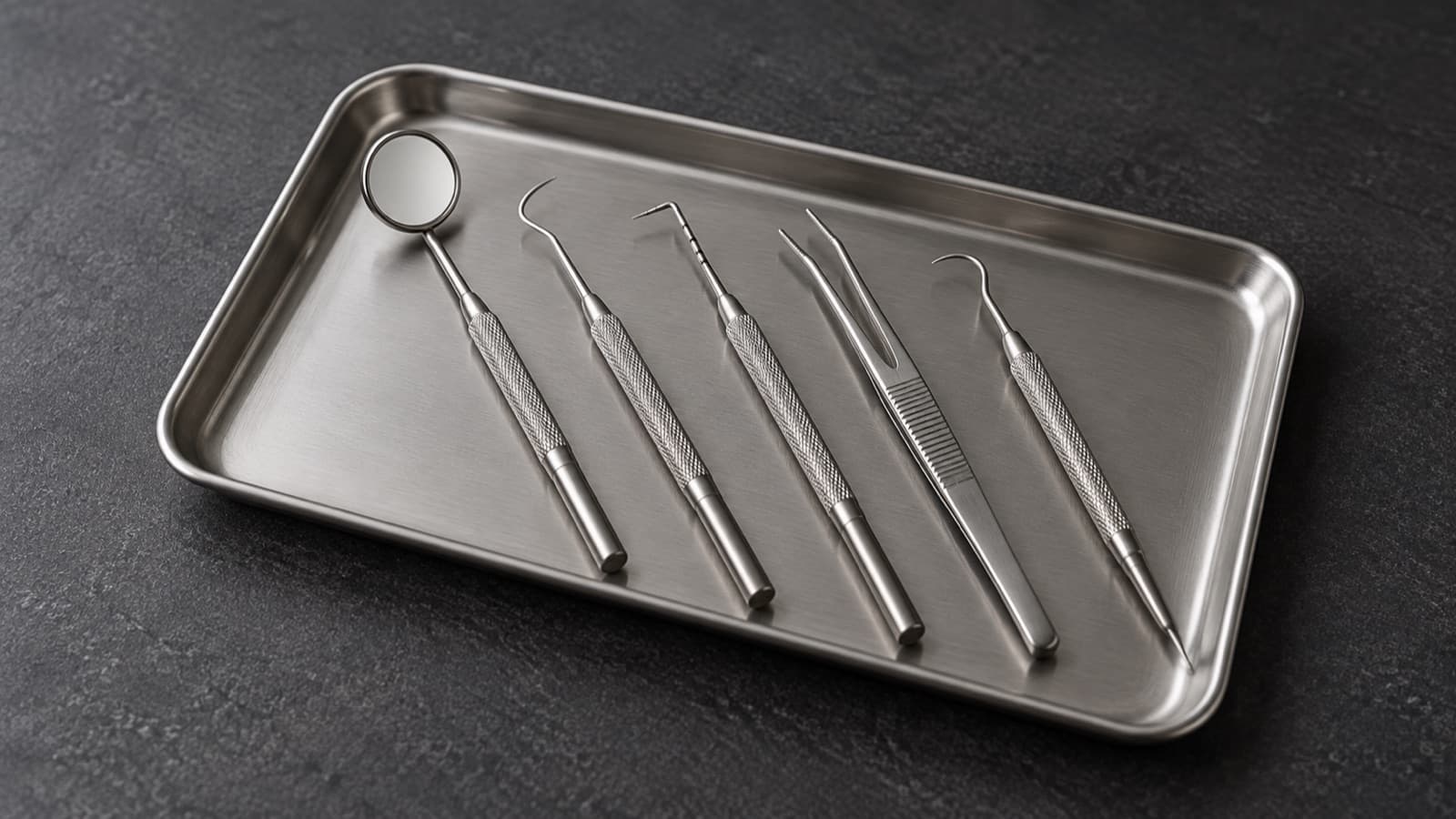 Dental instruments laid out on a steel tray