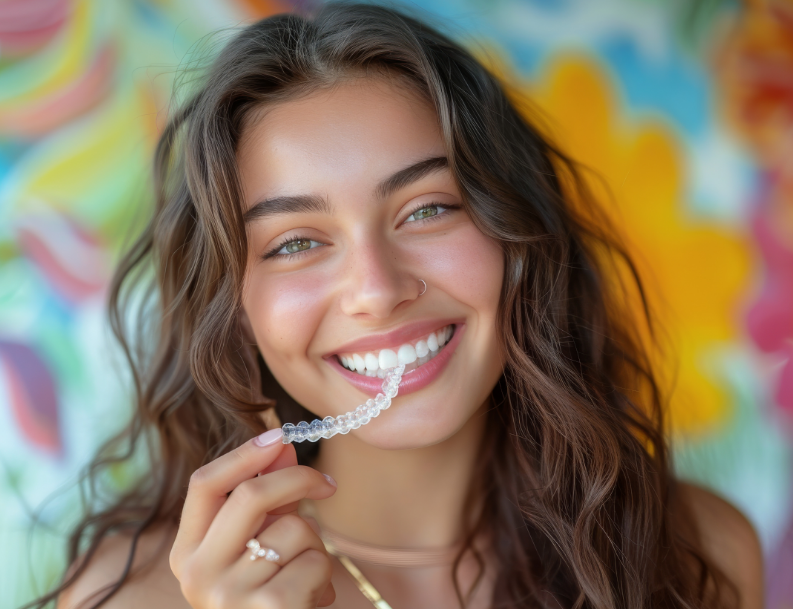 Girl holding Invisalign clear aligner
